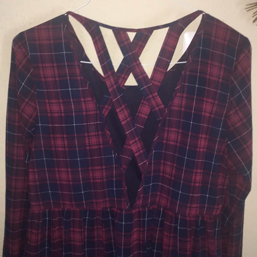 Plaid mini, long sleeve, fun back dress.